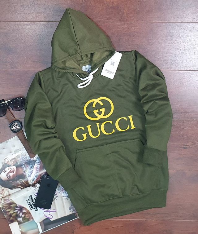 Olive green Gucci hoodie for men and women with front pocket and logo print