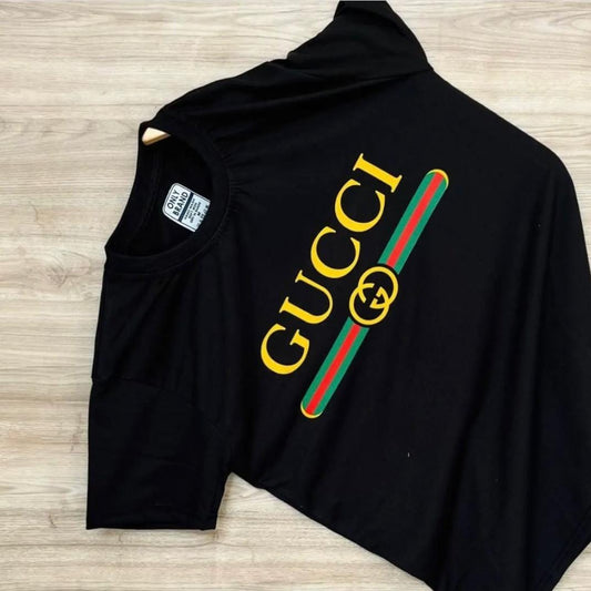 Black Gucci branded premium quality men's t-shirt with gold logo and red green stripe design