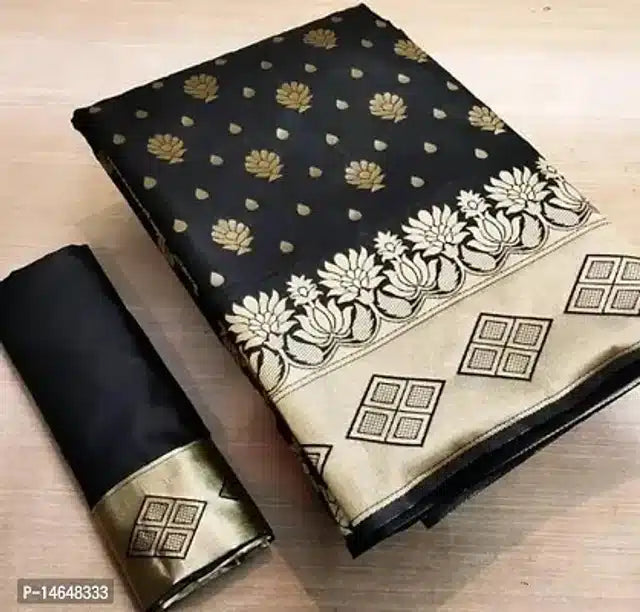 Black and gold jacquard printed saree online with floral and geometric border design