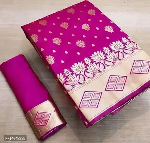 Womens jacquard printed saree online in pink with gold floral and geometric border design
