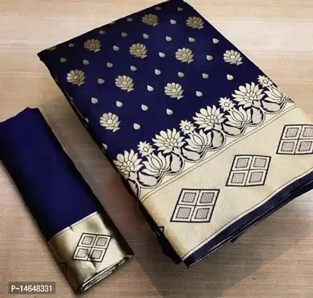 Elegant navy blue womens jacquard printed saree online with gold floral and geometric border design
