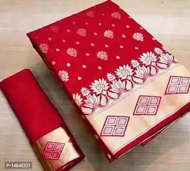 Red womens jacquard printed saree online with floral and geometric designs on beige border