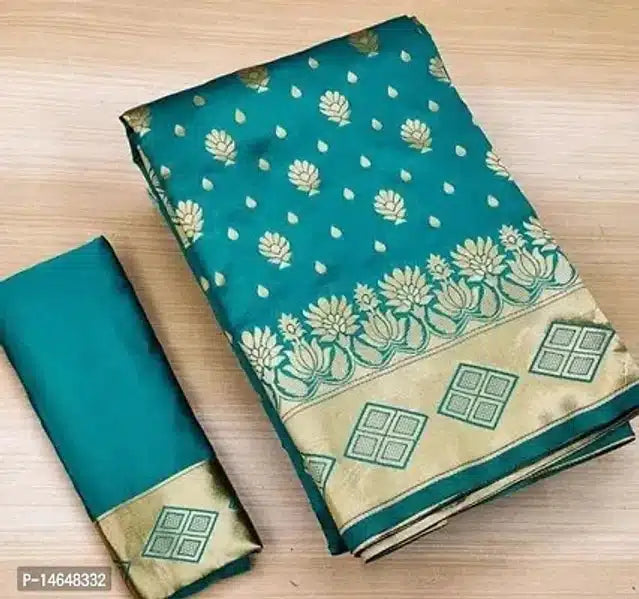 Teal and gold floral jacquard printed saree online with intricate border design for women