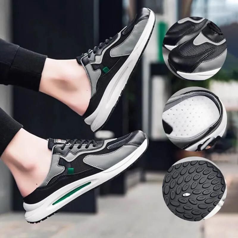 Quick Gadgets lightweight men's walking shoes in black and gray, featuring breathable mesh, cushioned sole, and all-day comfort.