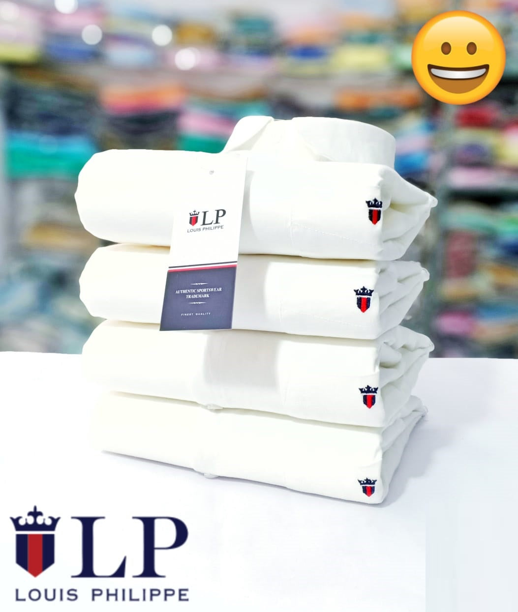 Stack of white Louis Philippe mens shirts labeled best cotton shirts for men India with brand logo