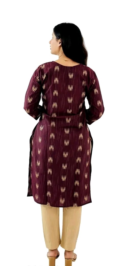 Back view of women's casual kurta pant dupatta set in maroon with beige pants and traditional pattern