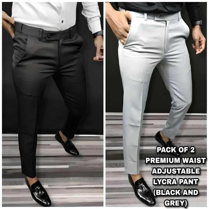 Pack of 2 comfortable men's office wear pants in black and grey with adjustable waist and premium lycra fabric