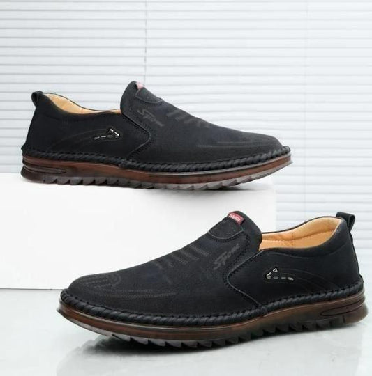 Black men leather casual shoes with stitched detailing and comfortable rubber soles