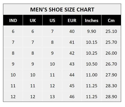 Men leather casual shoes size chart showing US UK EUR sizes and foot measurements in inches and centimeters