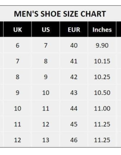 Men's shoe size chart showing UK, US, EUR sizes and inches for men lightweight casual shoes