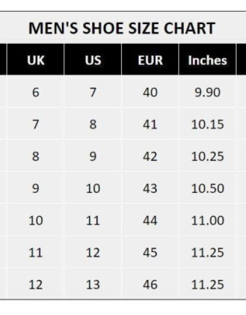 Men's shoe size chart showing UK, US, EUR sizes and corresponding inches for men lightweight casual shoes