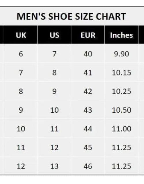 Men's shoe size chart showing UK, US, EUR sizes and inches for men stylish casual shoes