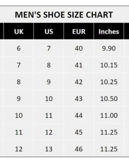 Men's shoe size chart with UK US EUR sizes and inches for men stylish casual shoes