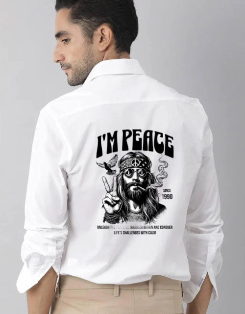 White men's shirt from Quick Gadgets featuring graphic print with peace sign, ideal trendy casual shirts for men online