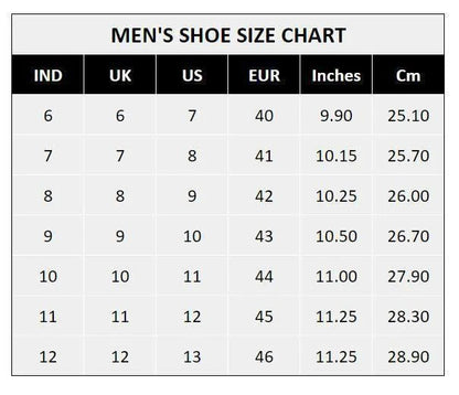 Men's shoe size chart showing Indian, UK, US, EUR sizes with inches and centimeters for men's black boots