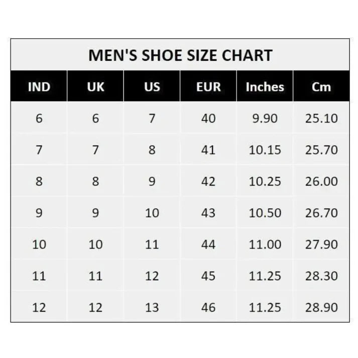 Men's shoe size chart displaying IND, UK, US, EUR sizes with inches and cm measurements for men's black casual shoes