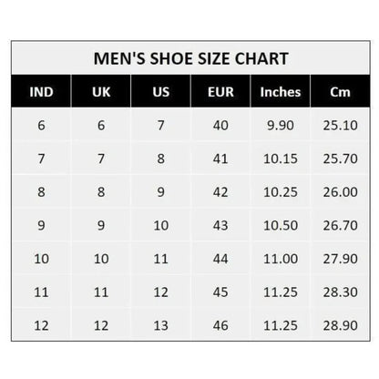Men's shoe size chart displaying IND, UK, US, EUR sizes with inches and cm measurements for men's black casual shoes
