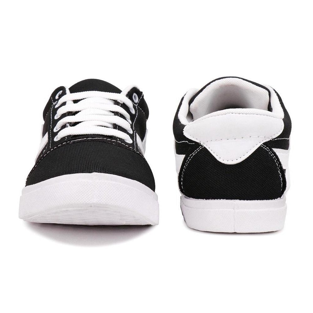 Men's casual black and white shoes displayed from front and back views with white laces and soles