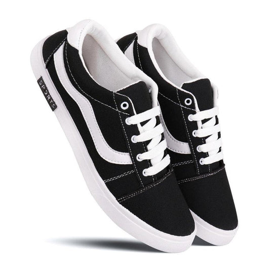 Men's casual black and white shoes with white laces and sporty design for everyday wear