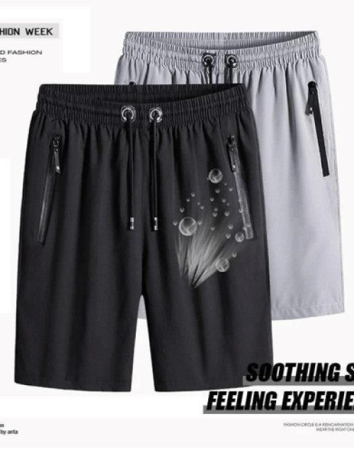 Two pairs of men's cotton polyester shorts in black and gray with drawstring waist and zippered pockets