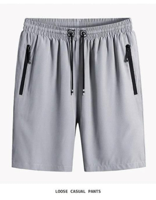 Gray men's cotton polyester shorts with elastic waistband and black zipper pockets