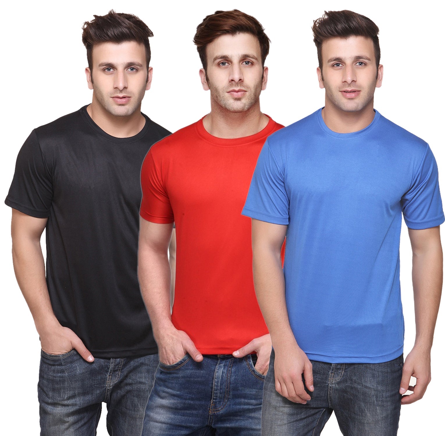 Men's polyester blend dri fit t shirts in black red and blue worn by three models