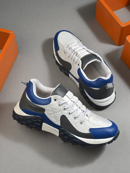 Men's premium quality casual shoes in white blue and black with lace-up design and textured sole