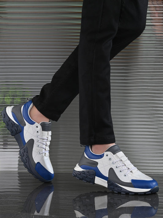 Men wearing men's premium quality casual shoes in white blue and gray walking on reflective surface