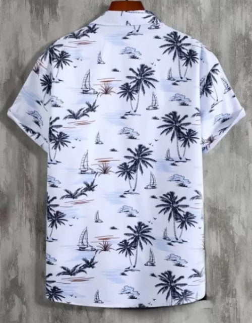 Dropdash men's printed casual shirt with tropical palm tree and sailboat pattern in light colors