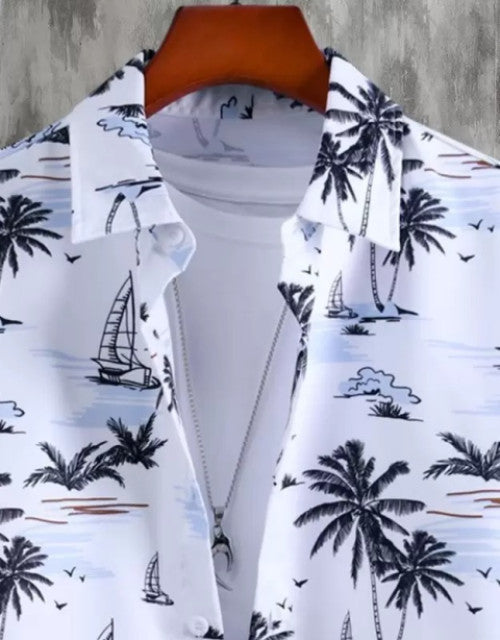 Dropdash men's printed casual shirt with tropical palm tree and sailboat design in white and black