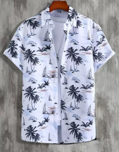 Dropdash men's printed casual shirt with palm tree and sailboat design on white fabric