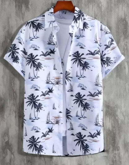 Dropdash men's printed casual shirt with palm tree and sailboat design on white fabric