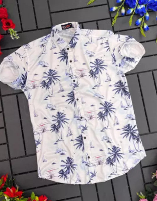 Dropdash men's printed casual shirt with palm tree design on white short-sleeve fabric