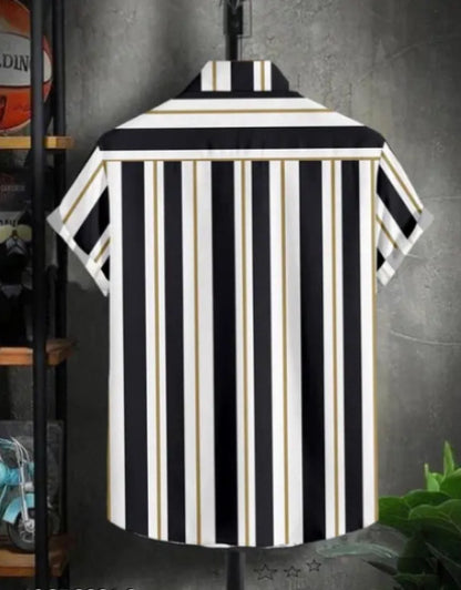 Dropdash men's striped casual shirt with black, white, and gold vertical stripes and short sleeves