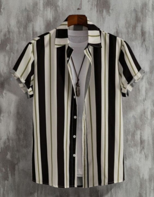 Men's striped casual shirt with black, white, and beige vertical stripes displayed on hanger