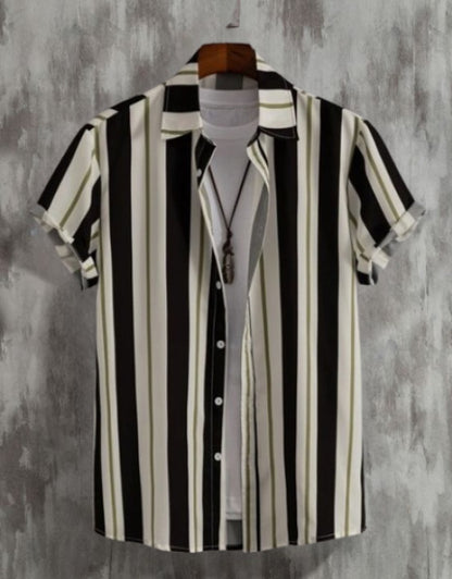 Men's striped casual shirt with black, white, and beige vertical stripes displayed on hanger
