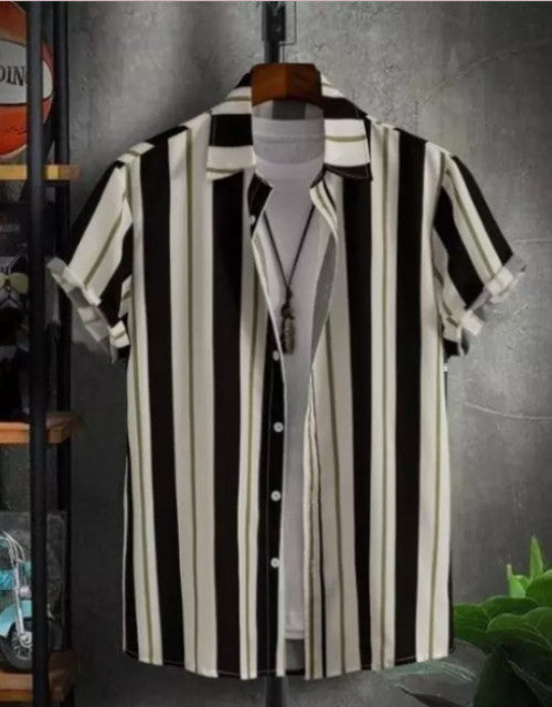Dropdash men's striped casual shirt with black and white vertical stripes, short sleeves, and button front