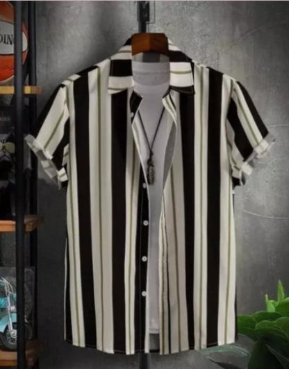 Dropdash men's striped casual shirt with black and white vertical stripes, short sleeves, and button front