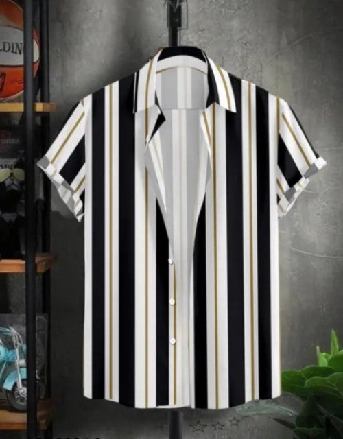 Dropdash men's striped casual shirt with black white and gold vertical stripes on hanger