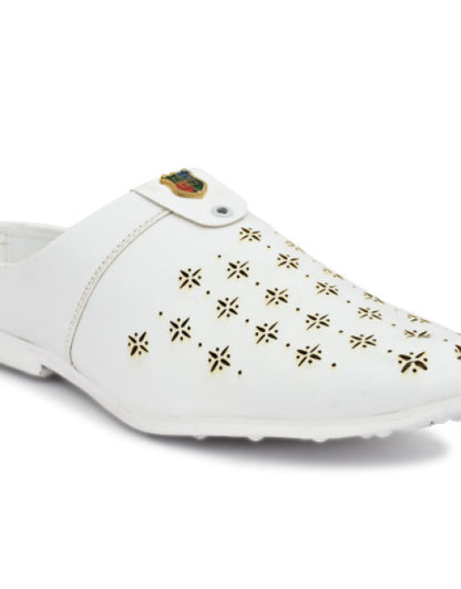 Dropdash men's stylish half loafers in white with decorative perforations and emblem detail