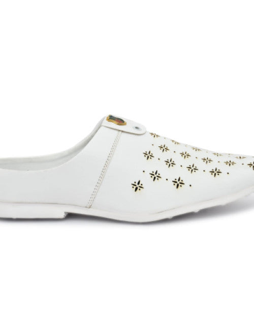 White men's stylish half loafers with decorative cutouts and a sleek design