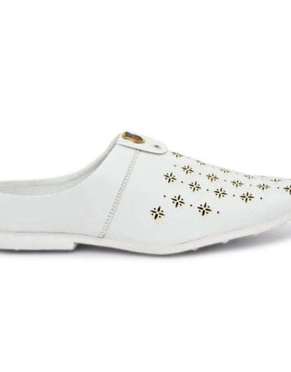 White men's stylish half loafers with decorative cutouts and a sleek design