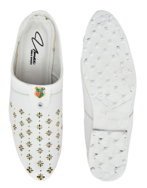 White men's stylish half loafers with gold decorative patterns and Dropdash branding on the insole