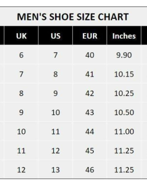 Men's shoe size chart showing UK, US, EUR sizes and inches for men's stylish running shoes