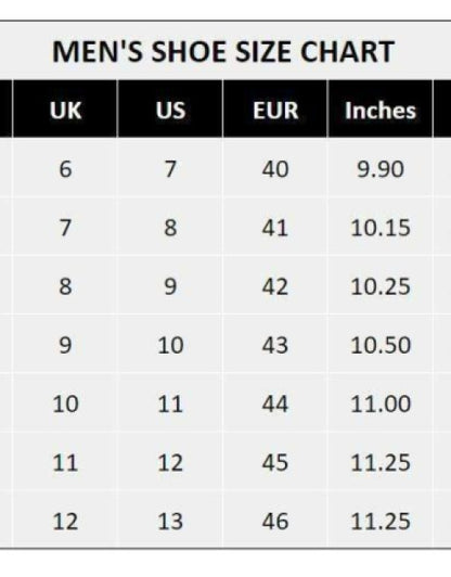 Men's shoe size chart showing UK, US, EUR sizes and inches for men's stylish running shoes