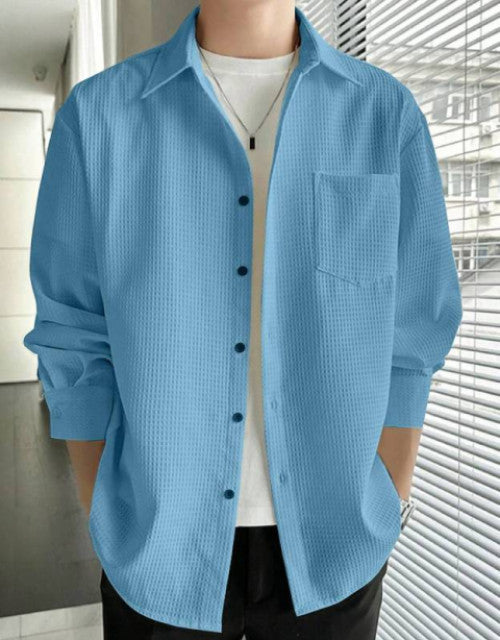 Dropdash casual button up blue checkered shirt for men waffle texture over white tee relaxed fit