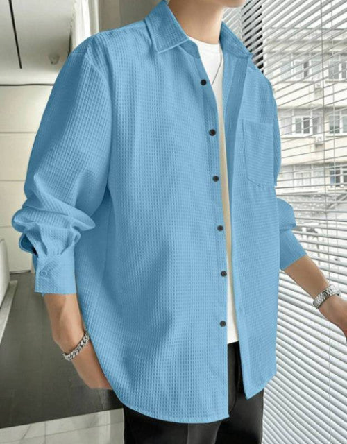 Dropdash blue checkered shirt for men long sleeve button down casual shirt over white tee relaxed fit