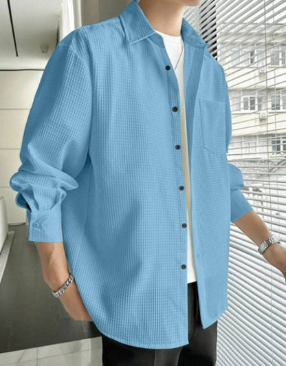 Dropdash blue checkered shirt for men long sleeve button down casual shirt over white tee relaxed fit