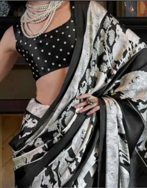 Black and white new design silk saree online with intricate floral patterns and stylish blouse