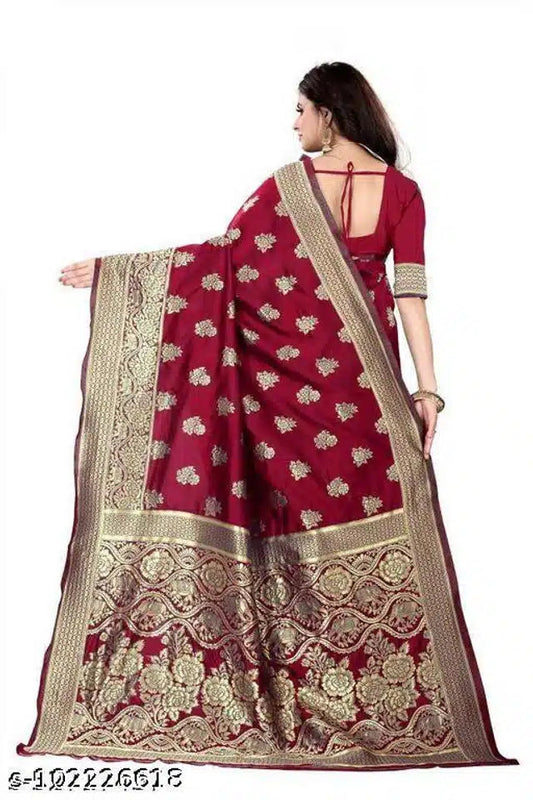 Woman wearing a premium Banarasi saree online India in rich maroon with intricate gold embroidery